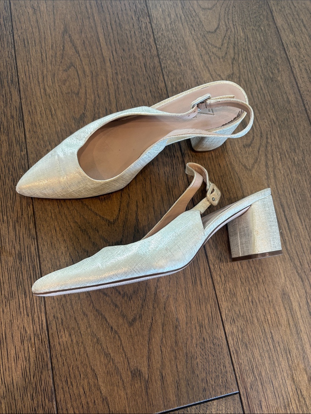 27 edit Slingback Low Block Heel Pumps in Metallic Champagne